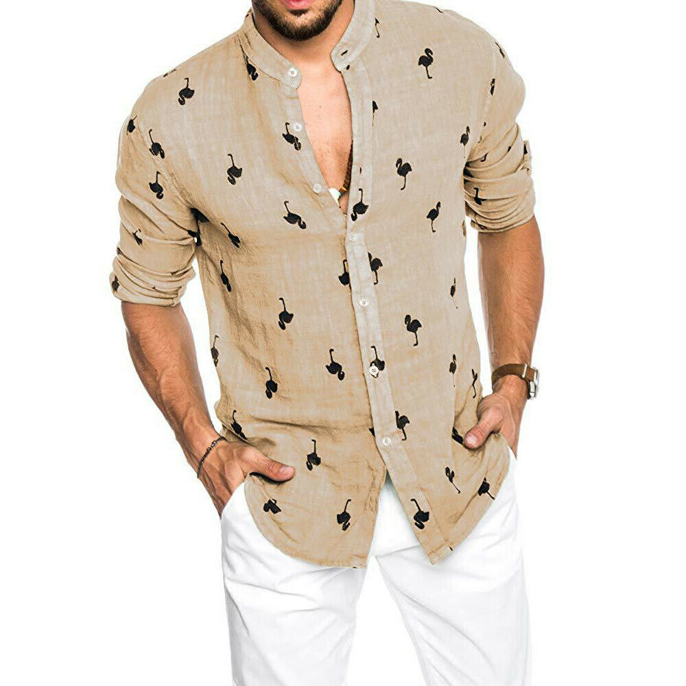 Flamingo Collarless Button-Up Shirt ...